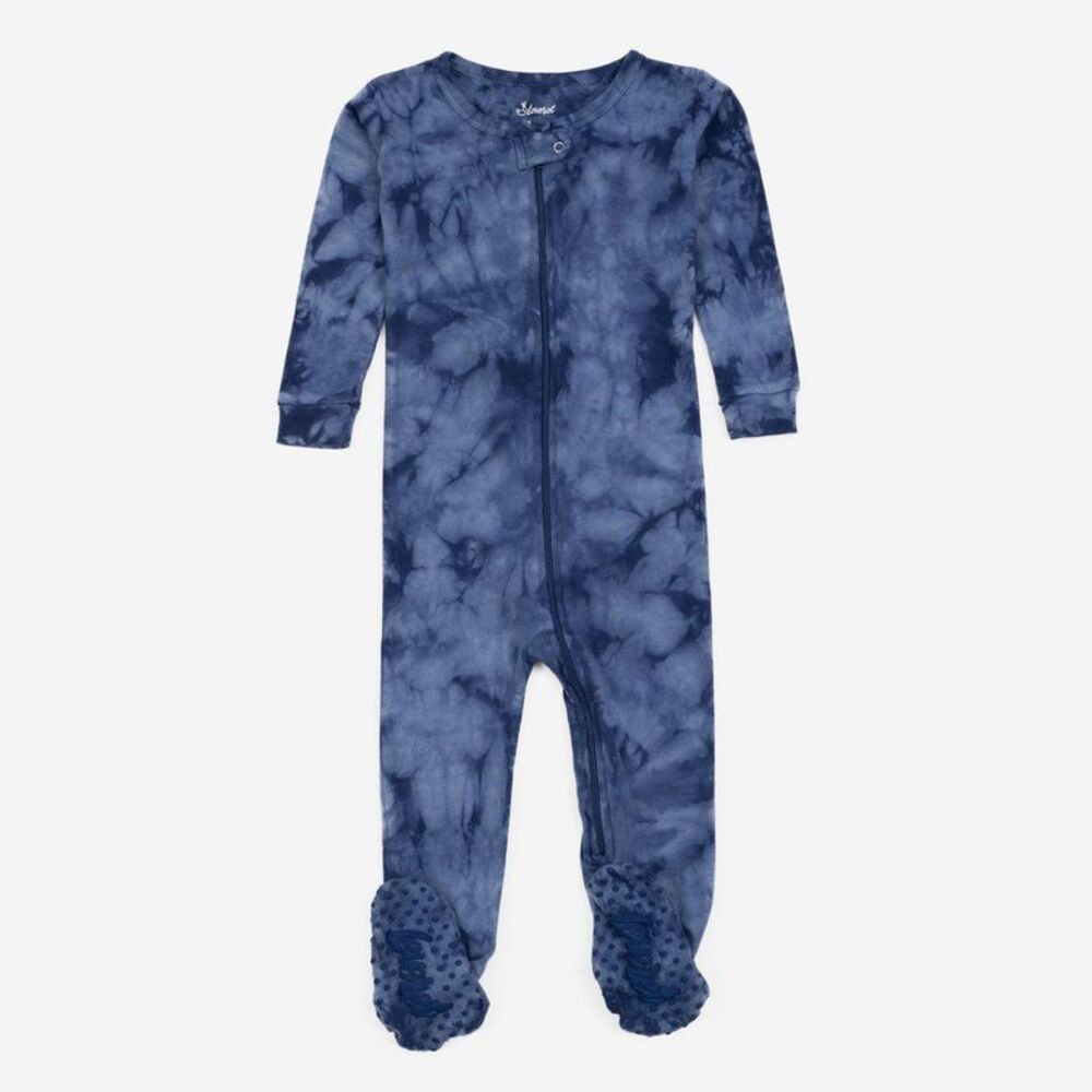 LEVERET -  Footed Cotton Pajamas Tie Dye Navy Mix 3 Navy